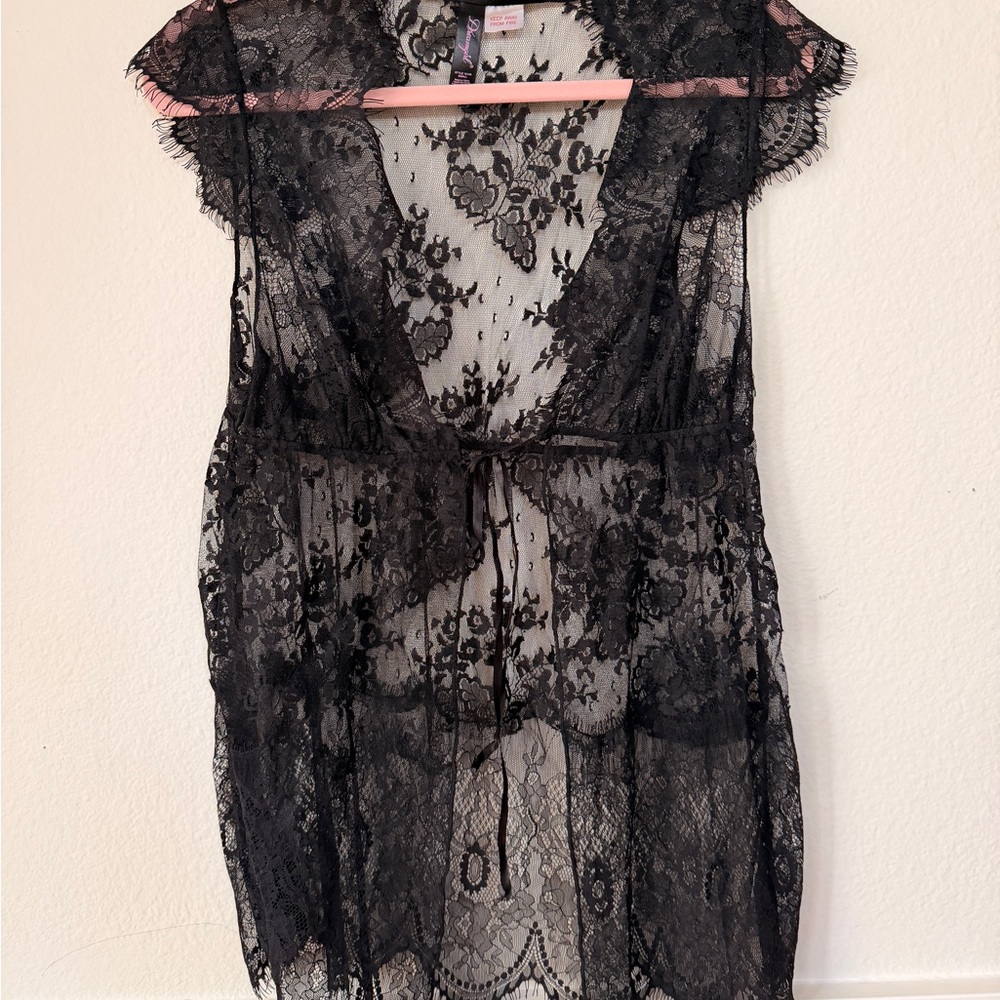 Dreamgirl Black Sheer Lace Robe Tie‎ Front Babydoll Cover Up Size S Coquette